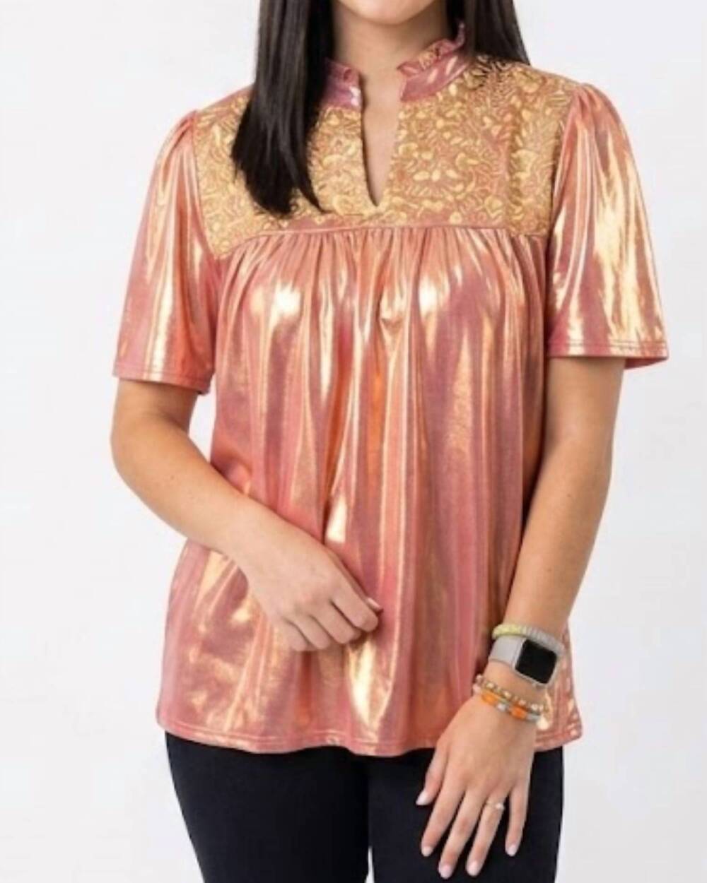 NEW LAYERZ CLOTHING v-neck embroidered top in champagne toast
